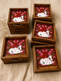 Teakwood Wall Frames - Pichwai Cow Theme - 6 * 6 * 0.5 inches, 5 pieces