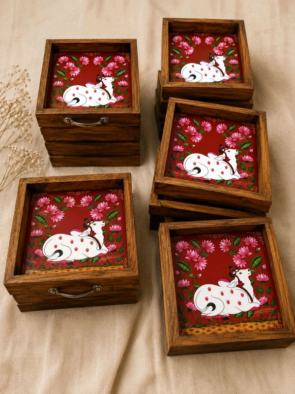 Teakwood Wall Frames - Pichwai Cow Theme - 6 * 6 * 0.5 inches, 5 pieces