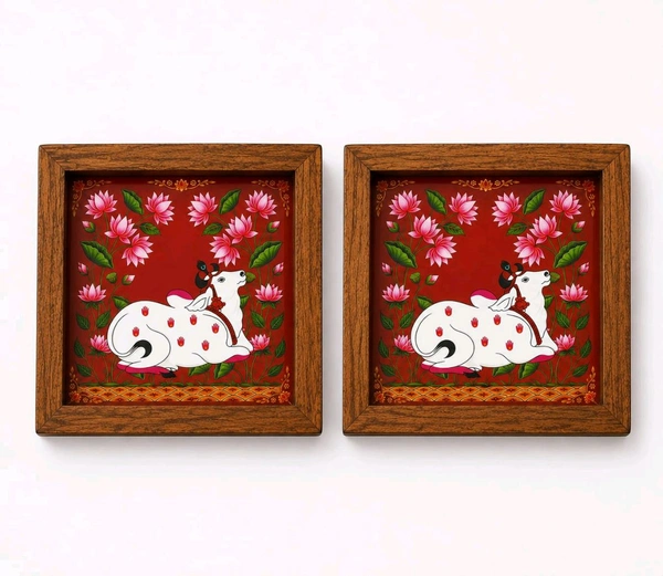 Teakwood Coasters / Mini Wall Mounting Frames-Set Of 4 Pieces Pichwai Cow Theme - 4 pieces