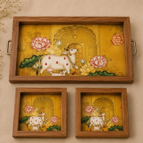 Teakwood Tray With Coasters- Tray Set - Pichwai Cow Theme