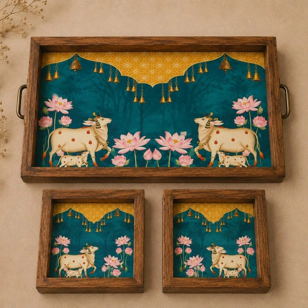 Teakwood Tray With Coasters- Tray Set - Pichwai Cow Theme