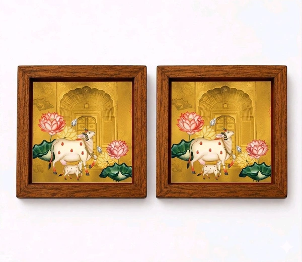 Teakwood Coasters / Mini Wall Mounting Frames-Set Of 4 Pieces Pichwai Cow Theme - 4 pieces
