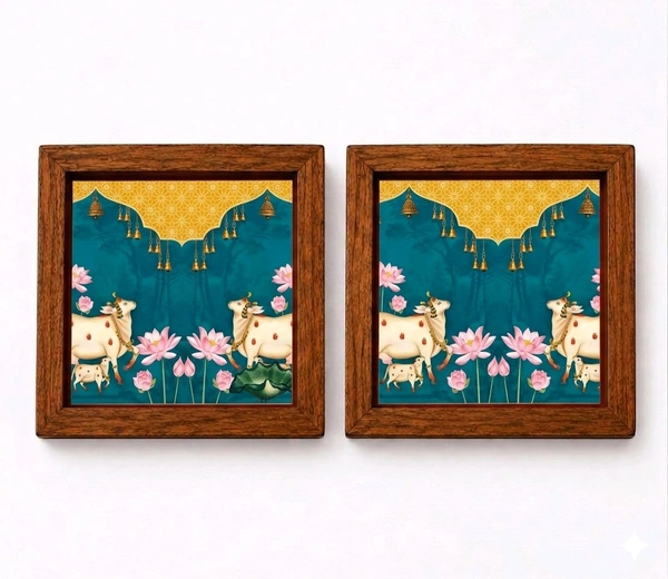 Teakwood Coasters / Mini Wall Mounting Frames-Set Of 4 Pieces Pichwai Cow Theme - 4 pieces