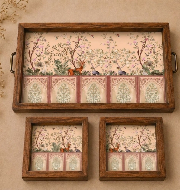 Teakwood Tray With Coasters- Tray Set - Garden Theme
