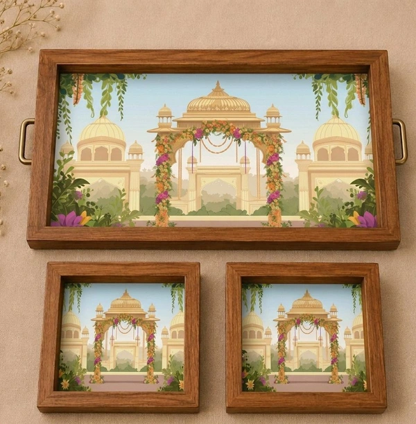 Teakwood Tray With Coasters- Tray Set - Royal Mandap Theme