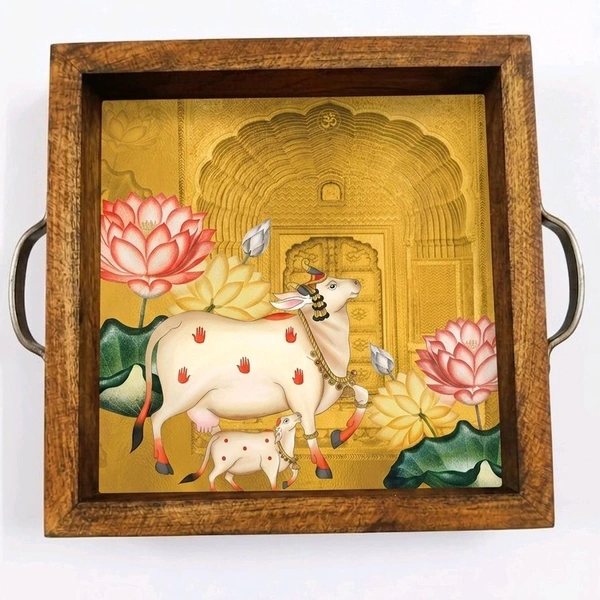 Teakwood Tray With Metal Handle - 5 Pieces Pichwai Cow Theme - 10 * 10 * 1.5 inches, 5 pieces