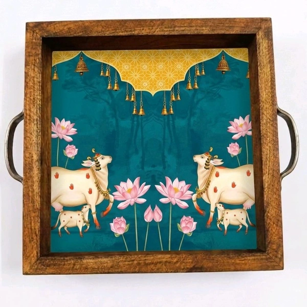 Teakwood Tray With Metal Handle - 5 Pieces Pichwai Cow Theme - 10 * 10 * 1.5 inches, 5 pieces
