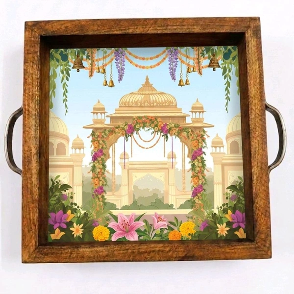 Teakwood Tray With Metal Handle - 5 Pieces Royal Mandap Theme - 10 * 10 * 1.5 inches, 5 pieces