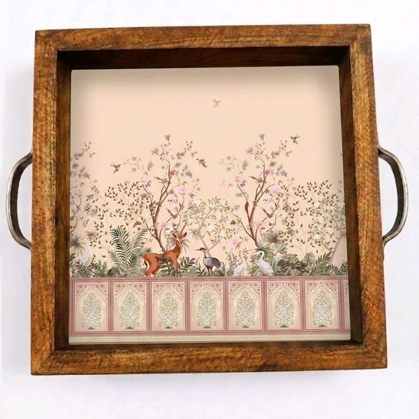 Teakwood Tray With Metal Handle - 5 Pieces Garden Theme - 8 * 8 * 1.5 inches, 5 pieces