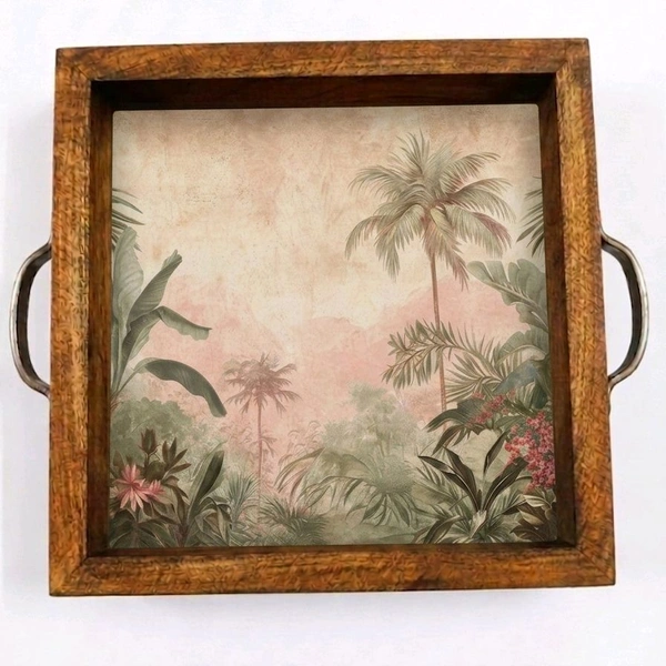 Teakwood Tray With Metal Handle - 5 Pieces Tropical Forest Theme - 10 * 10 * 1.5 inches, 5 pieces