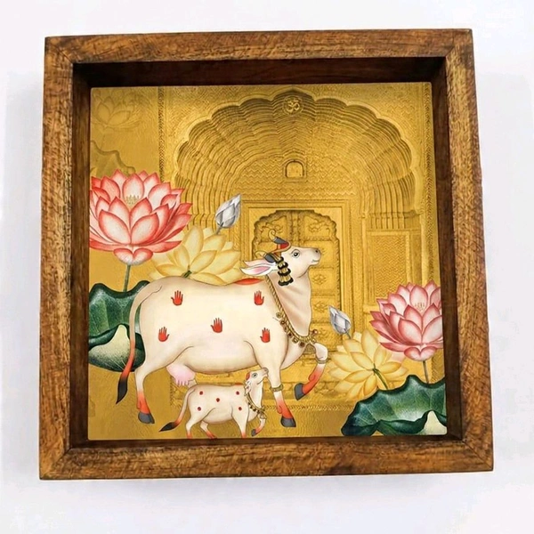 Teakwood Wall Frames -5 Pieces -Pichwai Cow Theme - 8 * 8 * 0.5 inches, 5 pieces