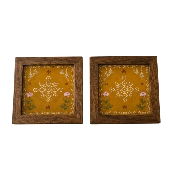 Teakwood Coasters / Mini Wall Mounting Frames-Set Of 4 Pieces Kolam Theme - 4 pieces