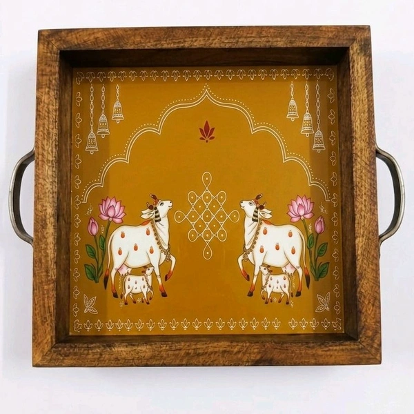 Teakwood Tray With Metal Handle - 5 Pieces Kolam Theme - - 10 * 10 * 1.5 inches, 5 pieces