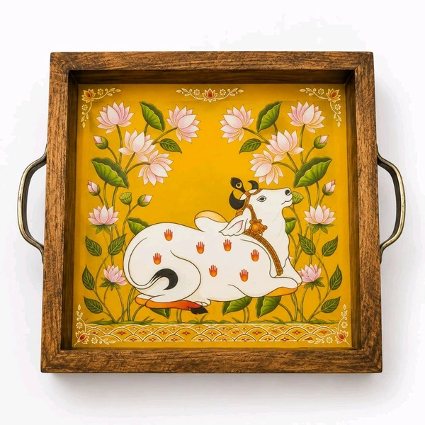 Teakwood Tray With Metal Handle - 5 Pieces Pichwai Cow Theme - 10 * 10 * 1.5 inches, 5 pieces
