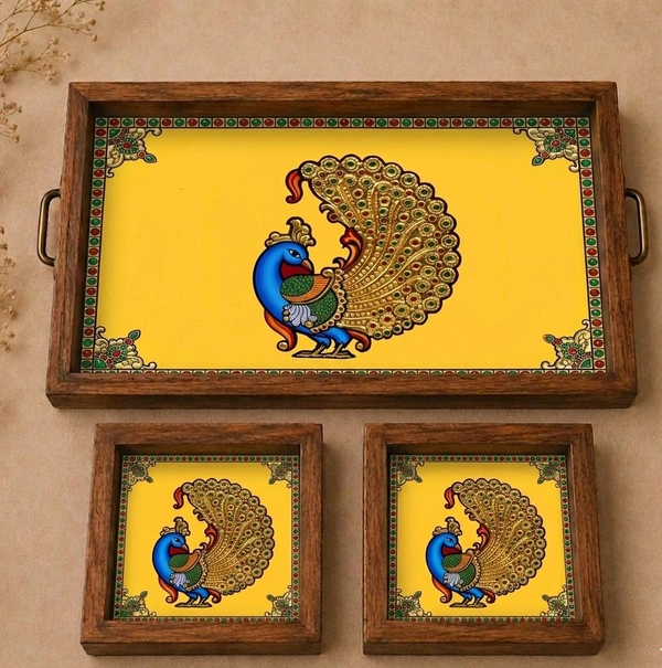 Teakwood Tray With Coasters- Tray Set -Tanjore peacock Theme