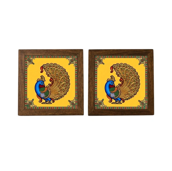 Teakwood Coasters / Mini Wall Frames-Set Of 4 Pieces Tanjore Peacock - 4 pieces