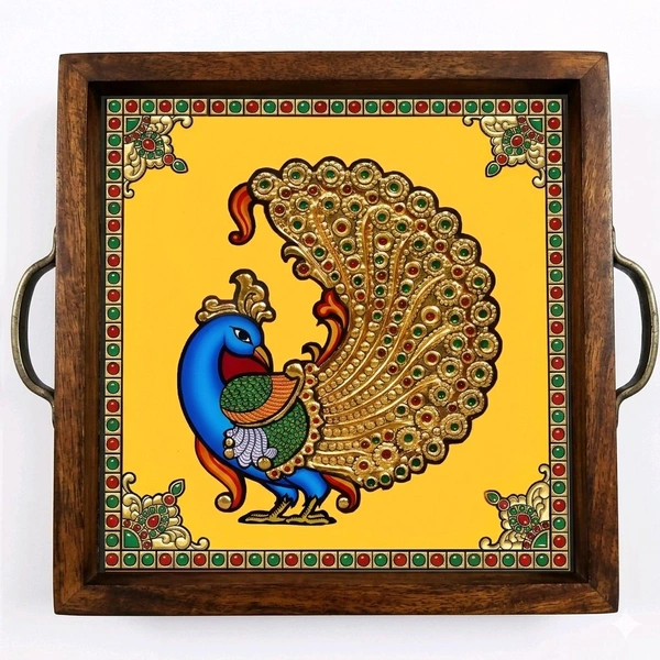 Teakwood Tray With Metal Handle - 5 Pieces Tanjore Peacock Theme - 8 * 8 * 1.5 inches, 5 pieces