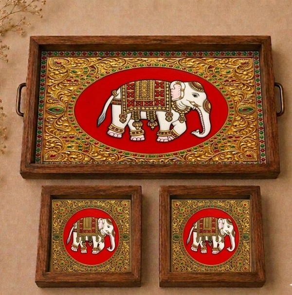 Teakwood Tray With Coasters- Tray Set -Tanjore Elephant Theme - red