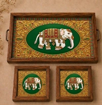 Teakwood Tray With Coasters- Tray Set -Tanjore Elephant Theme - red