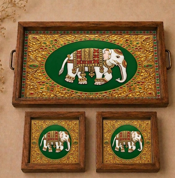 Teakwood Tray With Coasters- Tray Set -Tanjore Elephant Theme - red