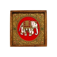 Teakwood Wall Frames - 5 Pieces -Tanjore Elephant Theme - green, 6 * 6 * 0.5 inches, 5 pieces