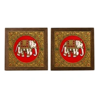 Teakwood Coasters / Mini Wall Frames-Set Of 4 Pieces Tanjore Elephant - green, 4 pieces