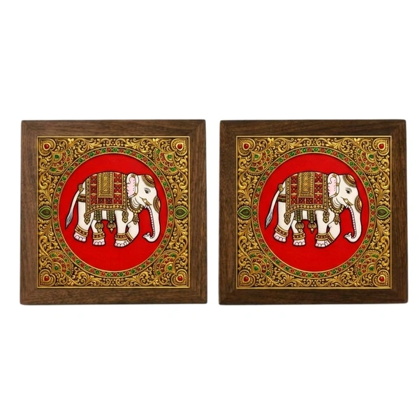 Teakwood Coasters / Mini Wall Frames-Set Of 4 Pieces Tanjore Elephant - green, 4 pieces