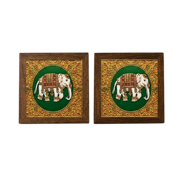 Teakwood Coasters / Mini Wall Frames-Set Of 4 Pieces Tanjore Elephant - green, 4 pieces