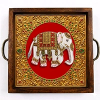 Teakwood Tray With Metal Handle - 5 Pieces Tanjore Elephant Theme - green, 10 * 10 * 1.5 inches, 5 pieces