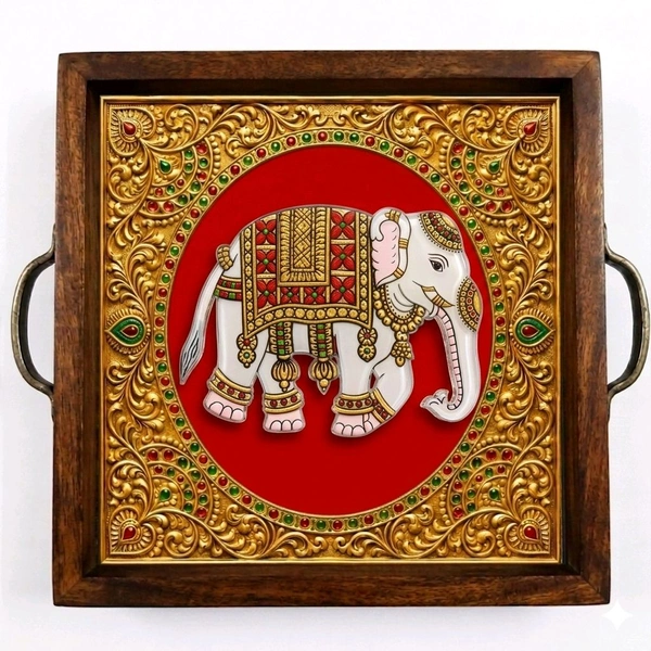Teakwood Tray With Metal Handle - 5 Pieces Tanjore Elephant Theme - red, 8 * 8 * 1.5 inches, 5 pieces