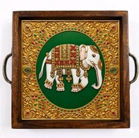 Teakwood Tray With Metal Handle - 5 Pieces Tanjore Elephant Theme - red, 8 * 8 * 1.5 inches, 5 pieces