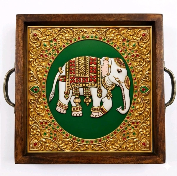 Teakwood Tray With Metal Handle - 5 Pieces Tanjore Elephant Theme - red, 8 * 8 * 1.5 inches, 5 pieces