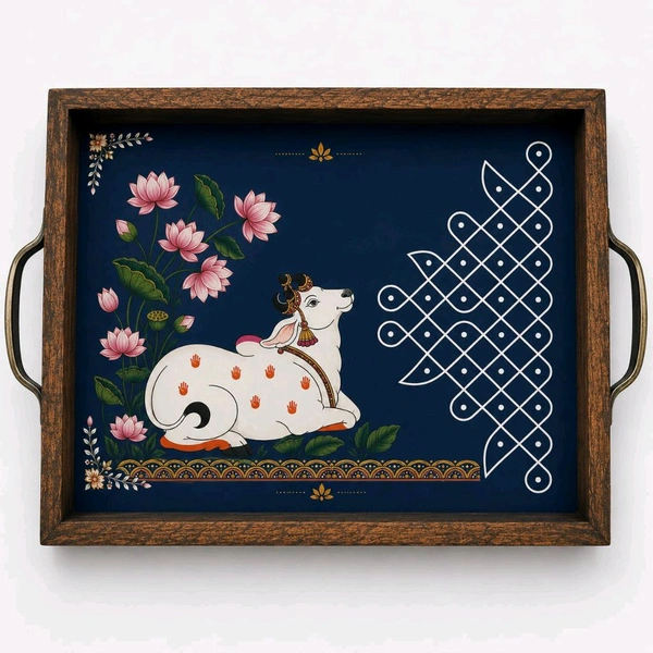 Teakwood Tray With Metal Handle - 2 Pieces Pichwai Cow Theme