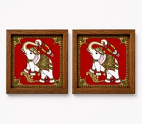 Teakwood Coasters / Mini Wall Frames-Set Of 4 Pieces Tanjore Elephant - green, 4 pieces