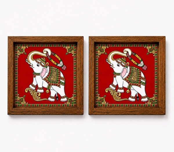 Teakwood Coasters / Mini Wall Frames-Set Of 4 Pieces Tanjore Elephant - green, 4 pieces