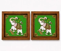 Teakwood Coasters / Mini Wall Frames-Set Of 4 Pieces Tanjore Elephant - red, 4 pieces