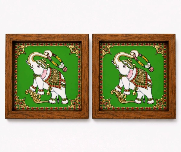 Teakwood Coasters / Mini Wall Frames-Set Of 4 Pieces Tanjore Elephant - green, 4 pieces