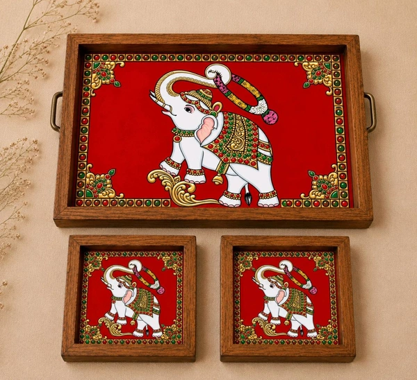 Teakwood Tray With Coasters- Tray Set -Tanjore Elephant Theme - red