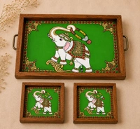 Teakwood Tray With Coasters- Tray Set -Tanjore Elephant Theme - red