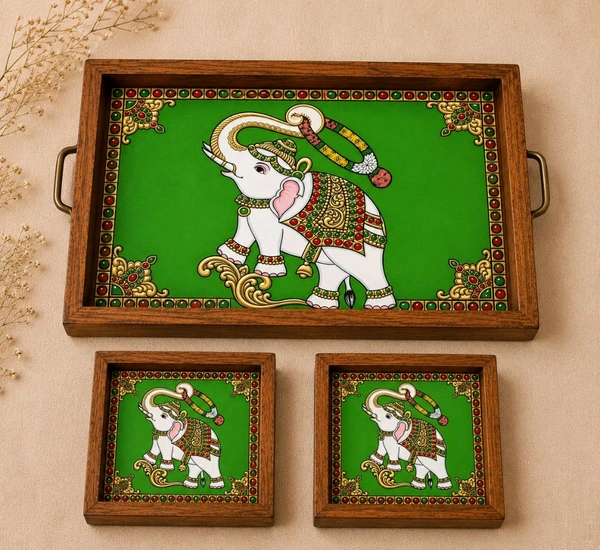 Teakwood Tray With Coasters- Tray Set -Tanjore Elephant Theme - green