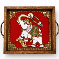 Teakwood Tray With Metal Handle - 5 Pieces Tanjore Elephant Theme - green, 10 * 10 * 1.5 inches, 5 pieces