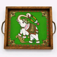 Teakwood Tray With Metal Handle - 5 Pieces Tanjore Elephant Theme - red, 8 * 8 * 1.5 inches, 5 pieces