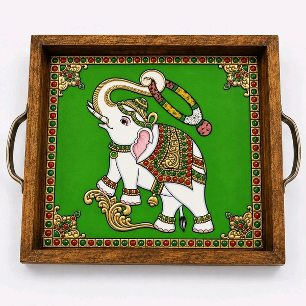 Teakwood Tray With Metal Handle - 5 Pieces Tanjore Elephant Theme - red, 8 * 8 * 1.5 inches, 5 pieces