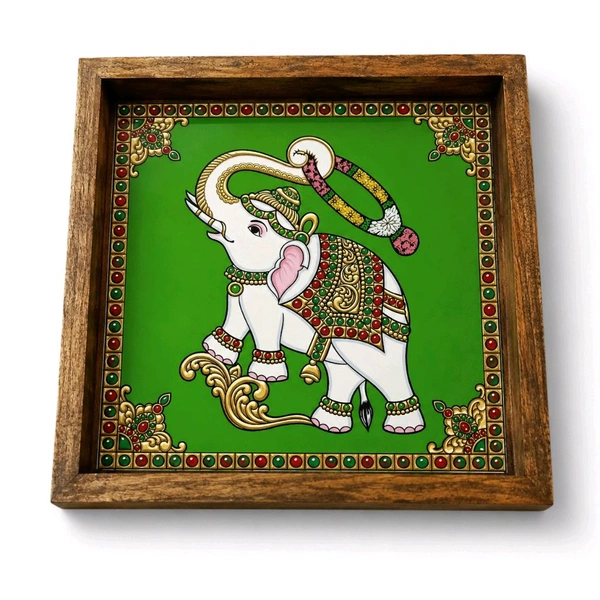 Teakwood Wall Frames - Tanjore Elephant Theme - green, 6 * 6 * 0.5 inches, 5 pieces