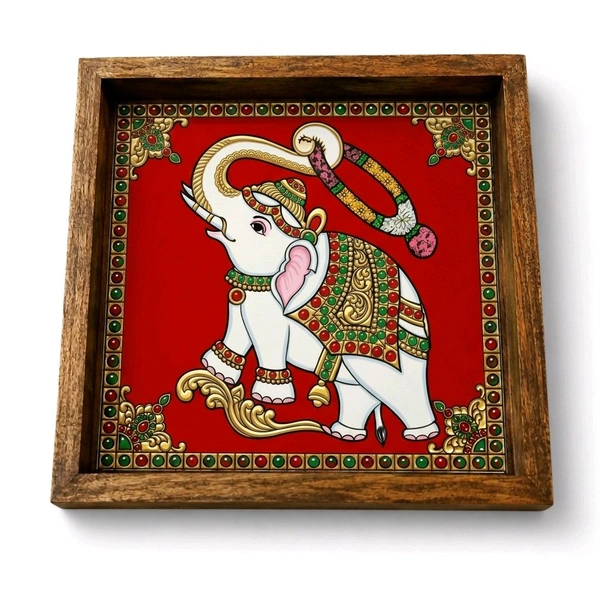 Teakwood Wall Frames - Tanjore Elephant Theme - green, 10 * 10 * 0.5 inches, 5 pieces