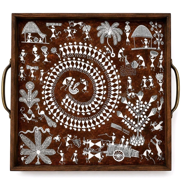Teakwood Tray With Metal Handle- Warli Art Theme - 12 * 12 * 2 Inches