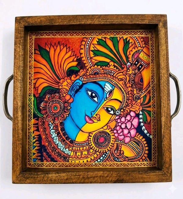 Teakwood Tray With Metal Handle- Kerala Murali Art Theme- Set Of 2 - 10 * 10 * 1.5 inches, 2 pieces