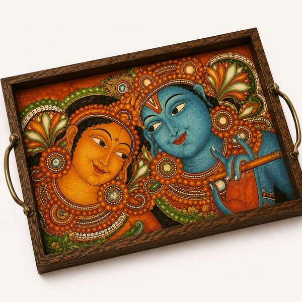 Teakwood Tray With Metal Handle- Kerala Murali Art Theme