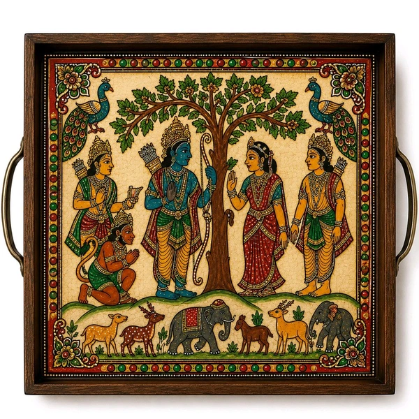 Teakwood Tray With Metal Handle- 5 Pieces -Madhubani / Mithila Folk Art Theme - 8 * 8 * 1.5 inches, 5 pieces