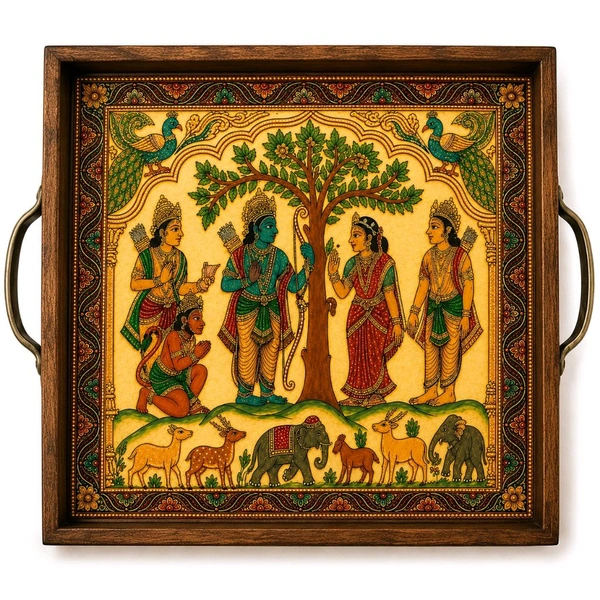 Teakwood Tray With Metal Handle-5 Pieces -Andhra Leather Puppetry Art / Tholu Bommalata Ramayana Theme - 8 * 8 * 1.5 inches, 5 pieces